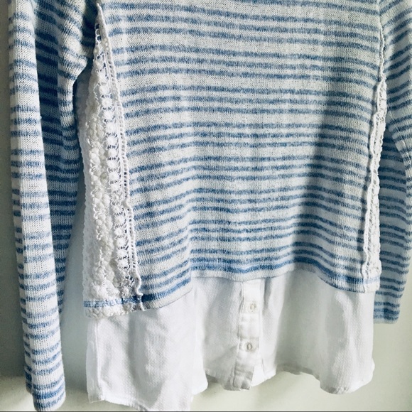 TRIBAL Blue Striped Crochet Lace Layered Top - Picture 2 of 6